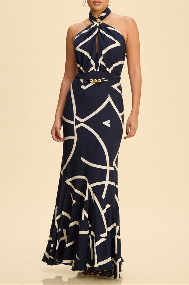 ABSTRACT NAVY/WHITE DRESS