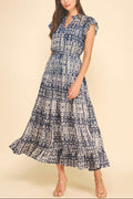NAVY PRINT BUTTON MIDI DRESS