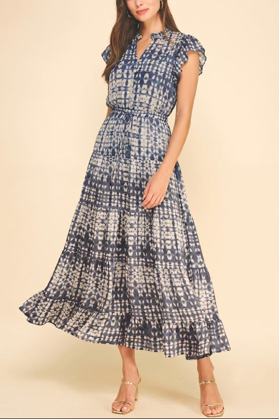 NAVY PRINT BUTTON MIDI DRESS