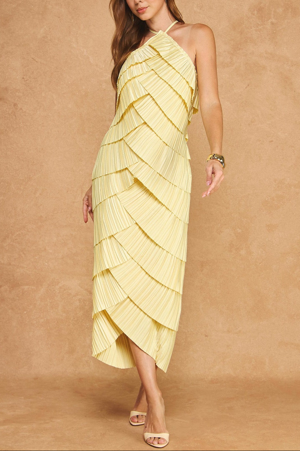 BUTTER YELLOW HALTER FITTED DRESS