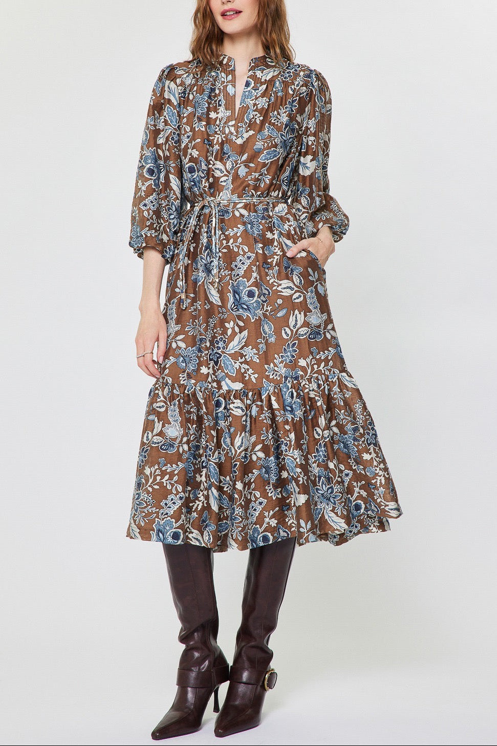 LIGHT BROWN BLUE FLORAL MIDI