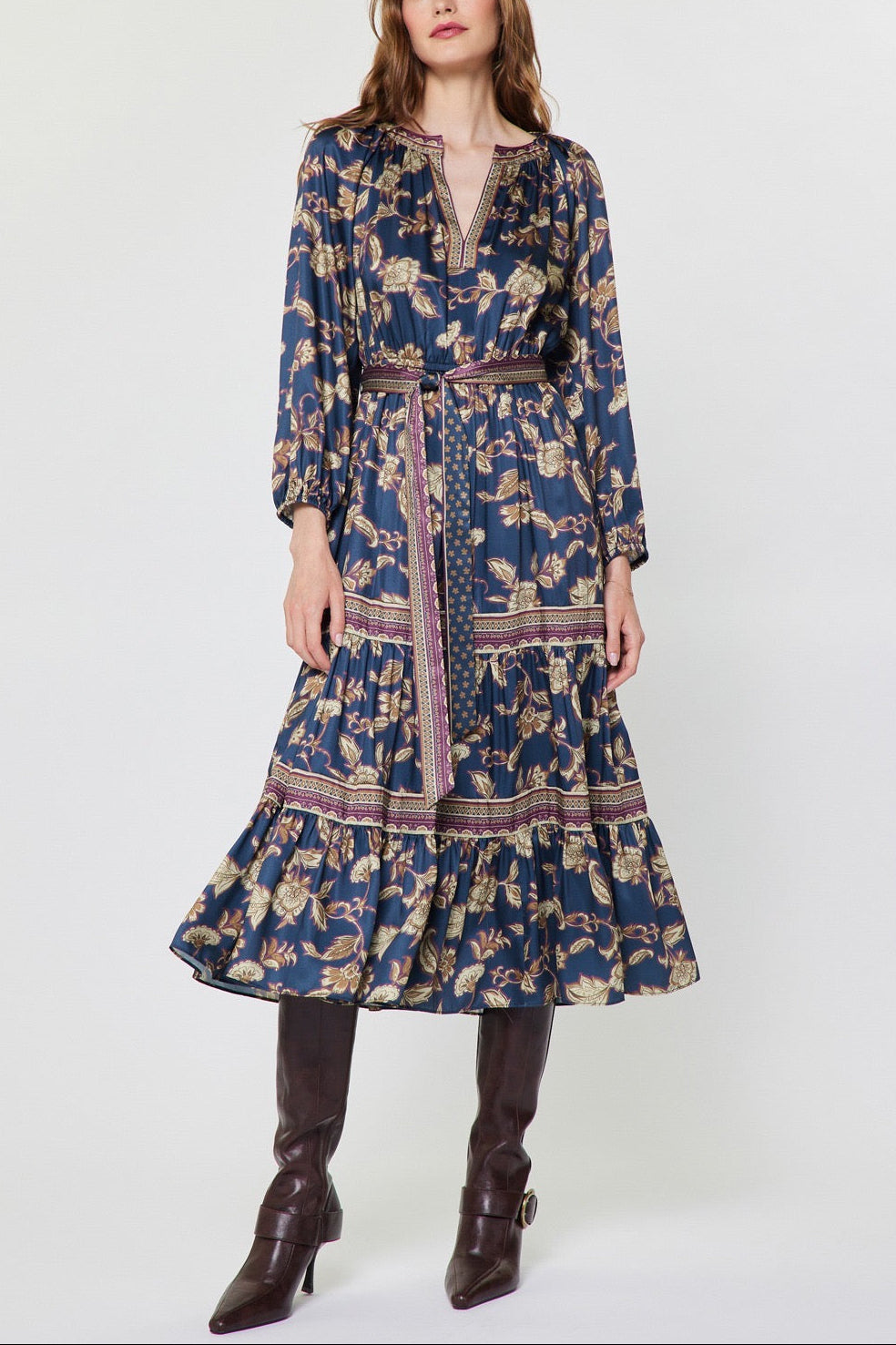 SATIN NAVY PRINT MIDI