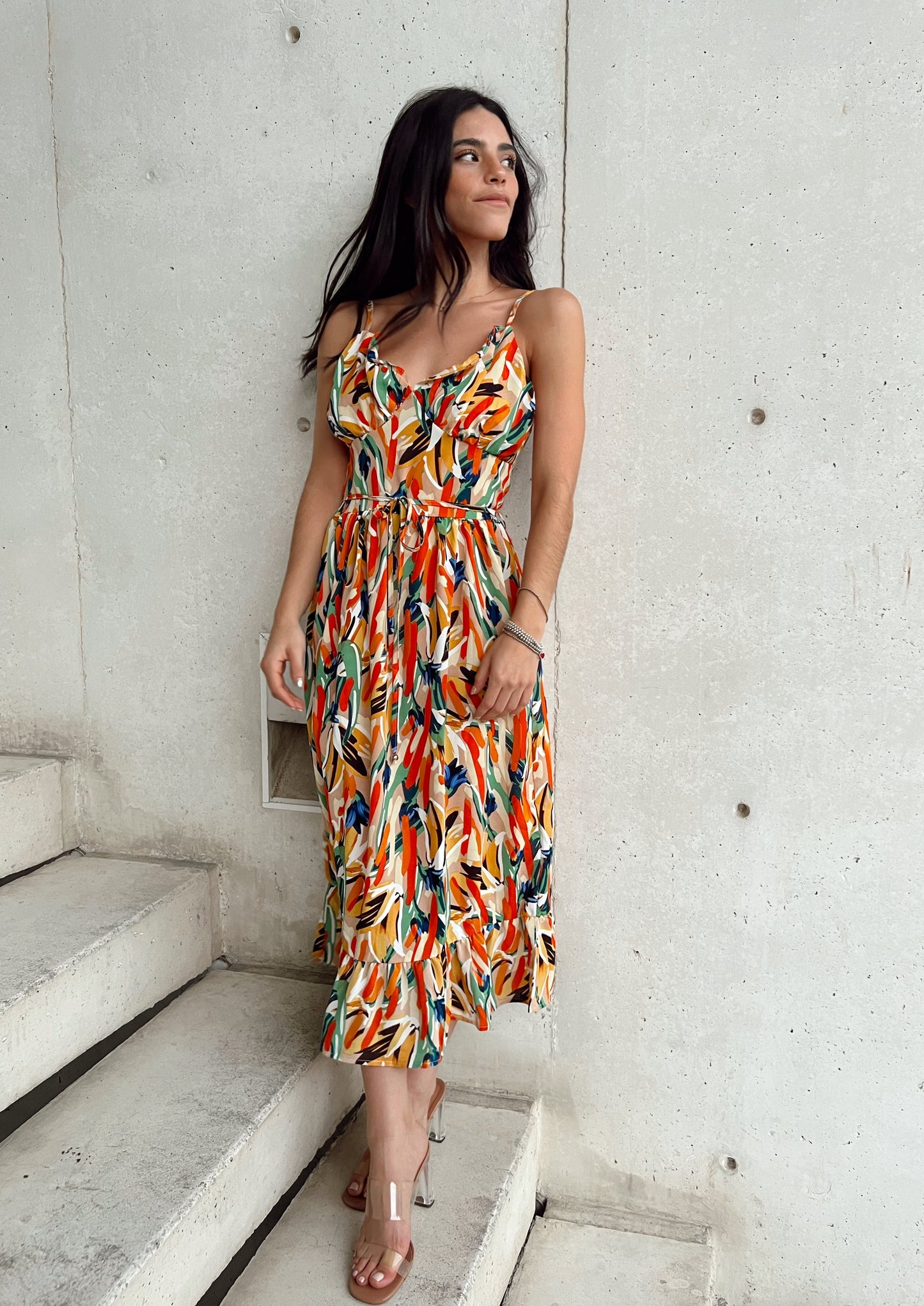 ABSTRACT MULTI MIDI DRESS