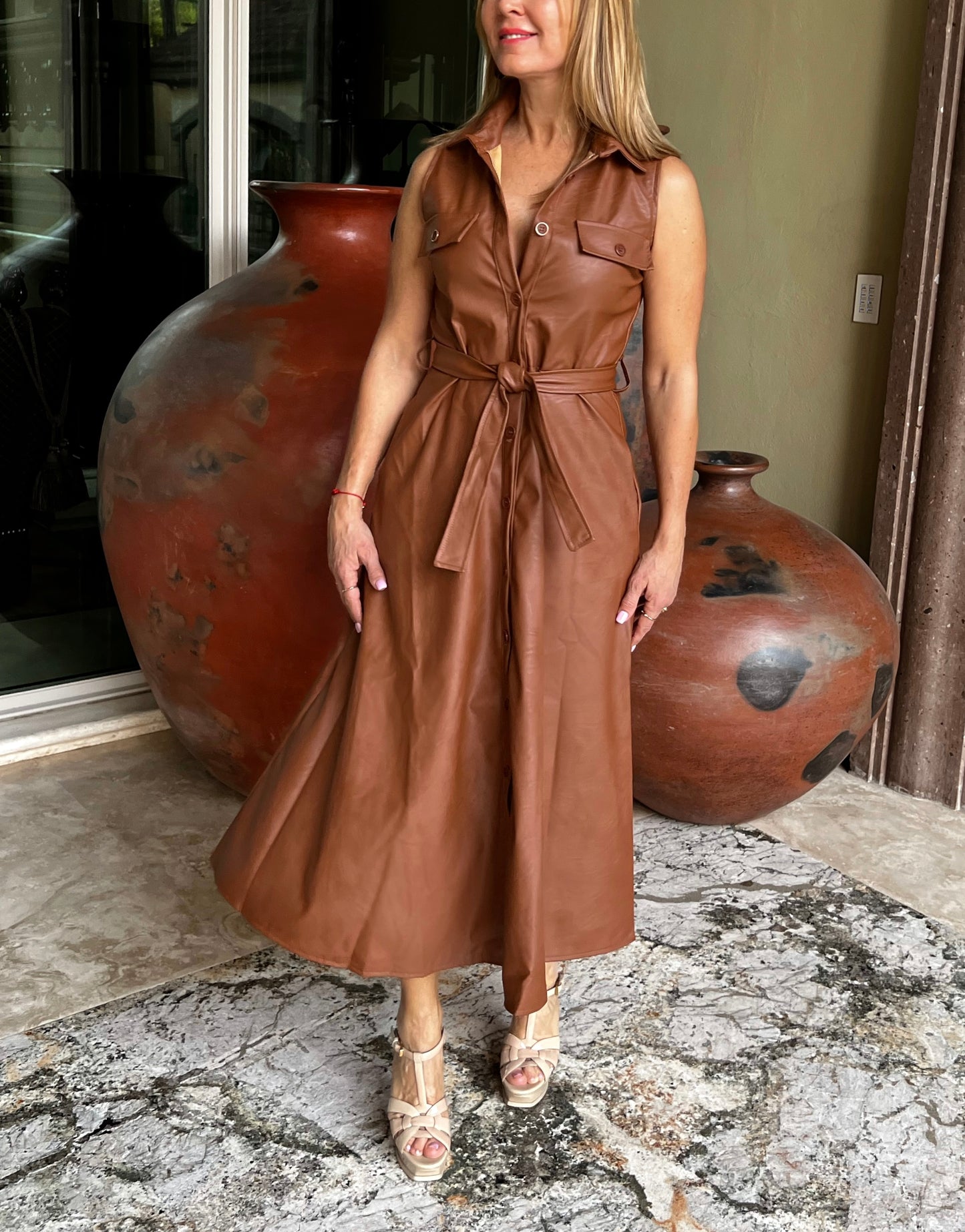 BROWN LEATHER MIDI DRESS