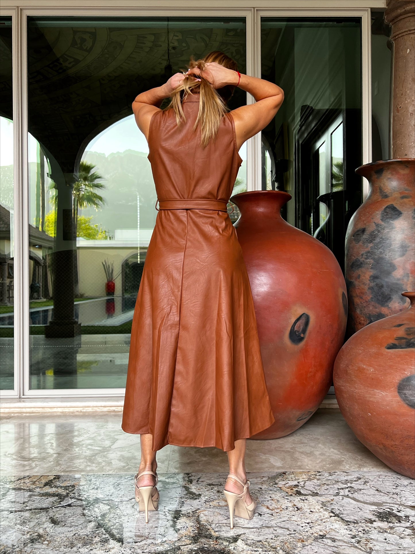 BROWN LEATHER MIDI DRESS