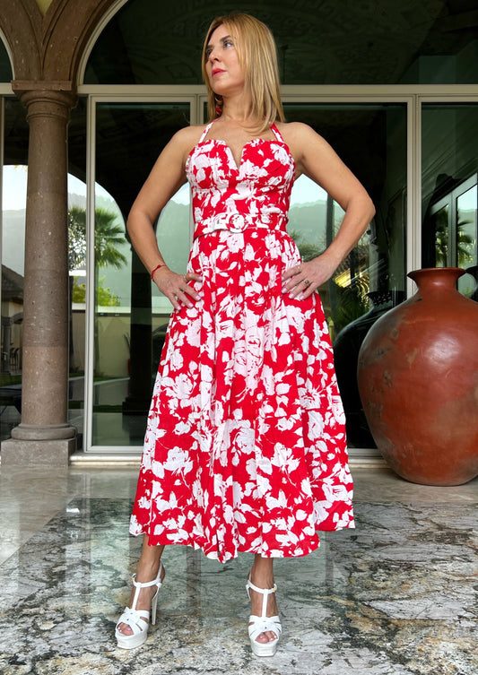 RED FLORAL MIDI DRESS