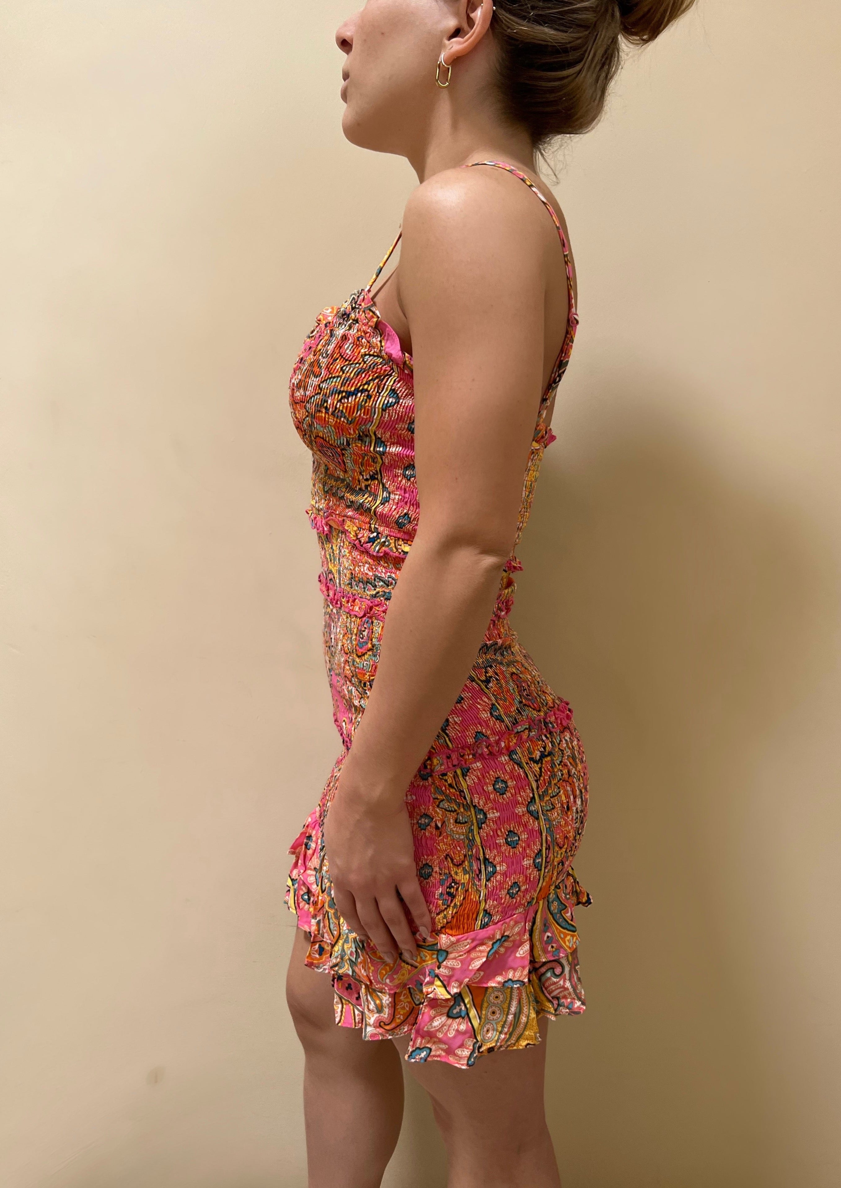 PAISLEY RUFFLED MINI DRESS
