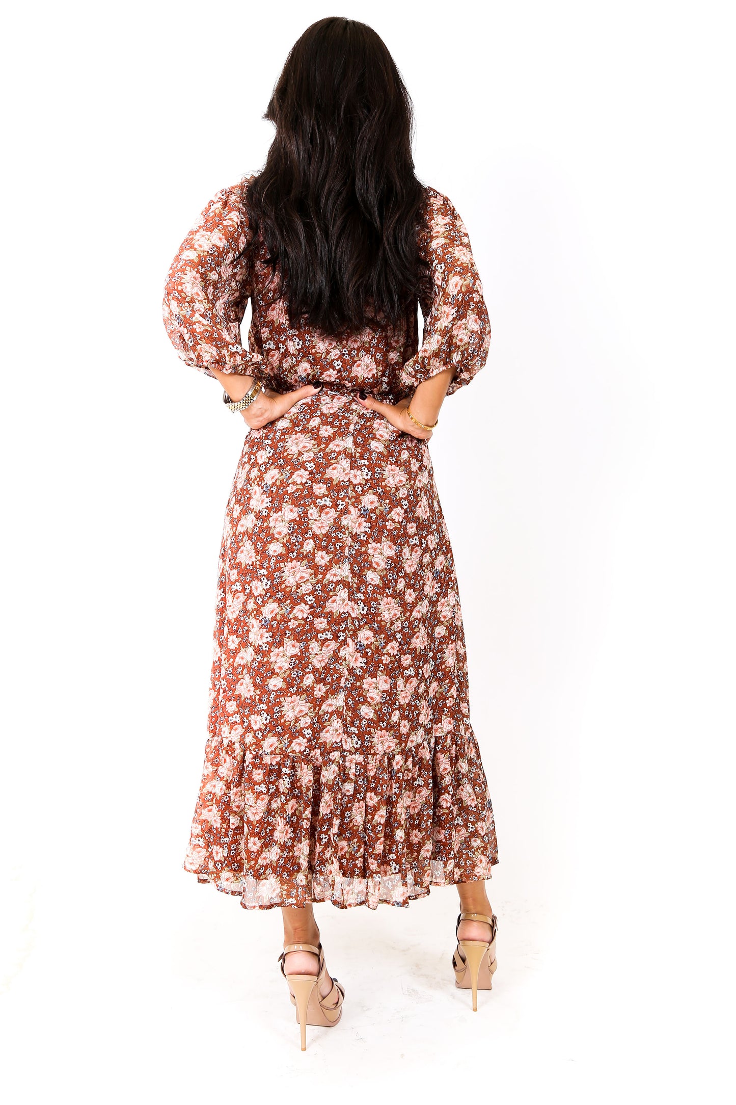 BROWN FLORAL MIDI DRESS