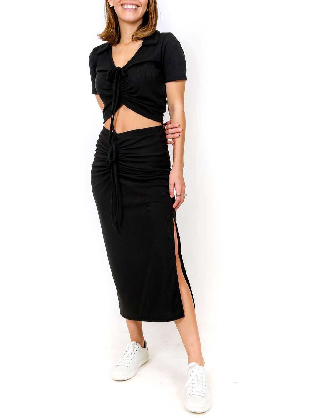 BLACK RIB CROP SKIRT SET