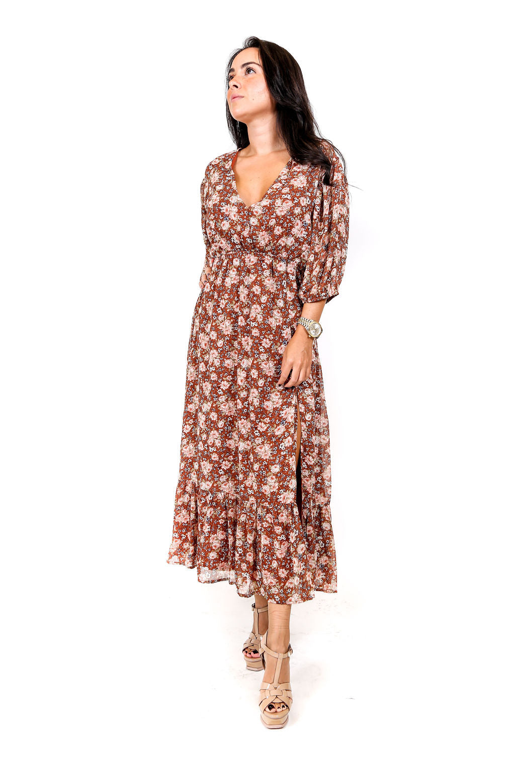 BROWN FLORAL MIDI DRESS