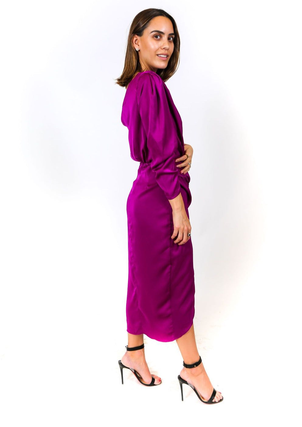 ONE SLEEVE SATIN MIDI DRESS (2 colors)