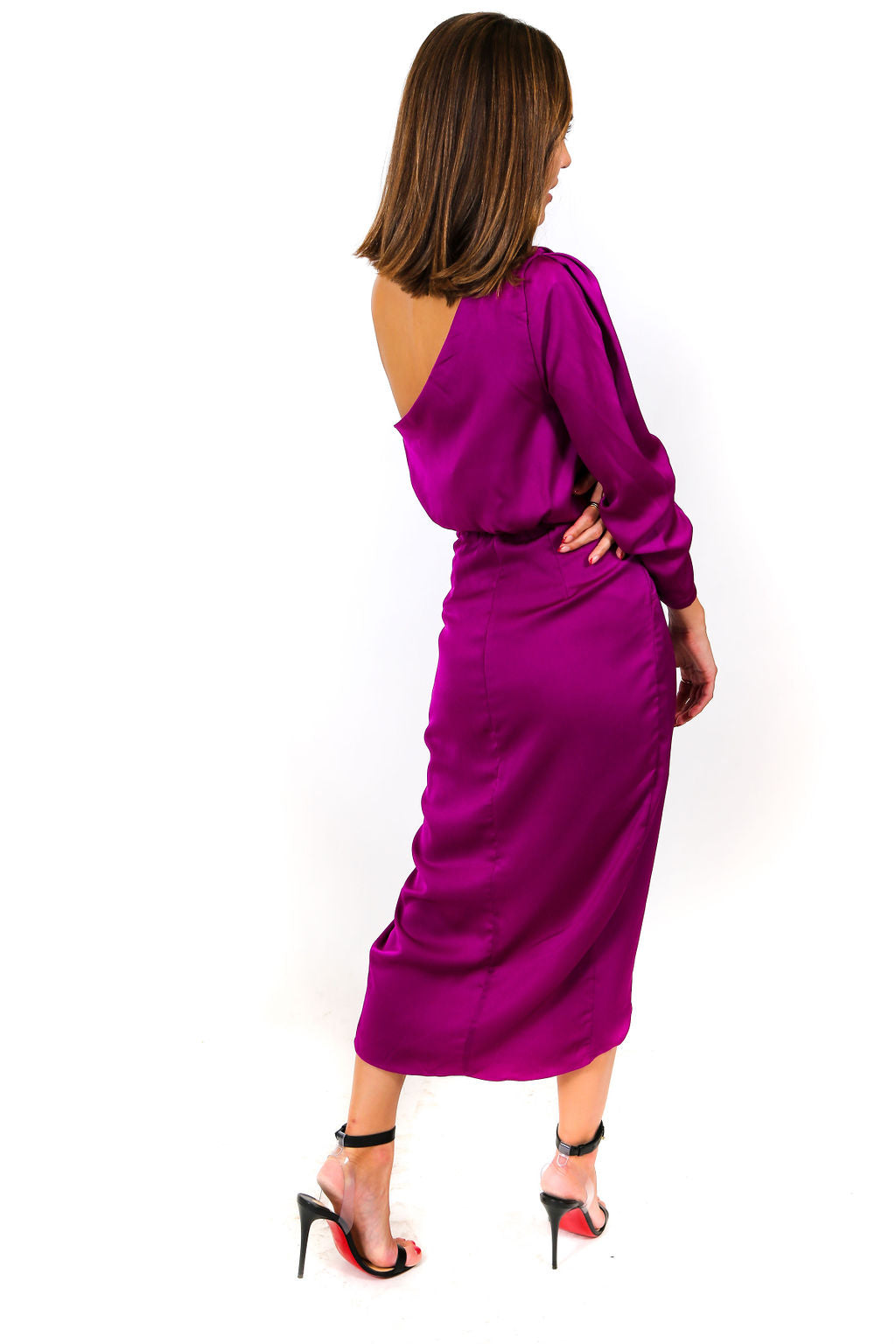 ONE SLEEVE SATIN MIDI DRESS (2 colors)