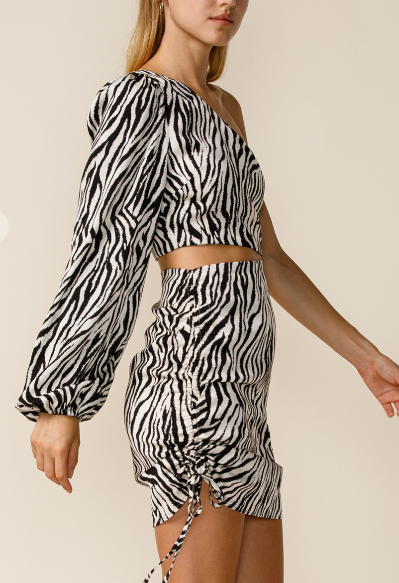 ONE SHOULDER ZEBRA MINI DRESS