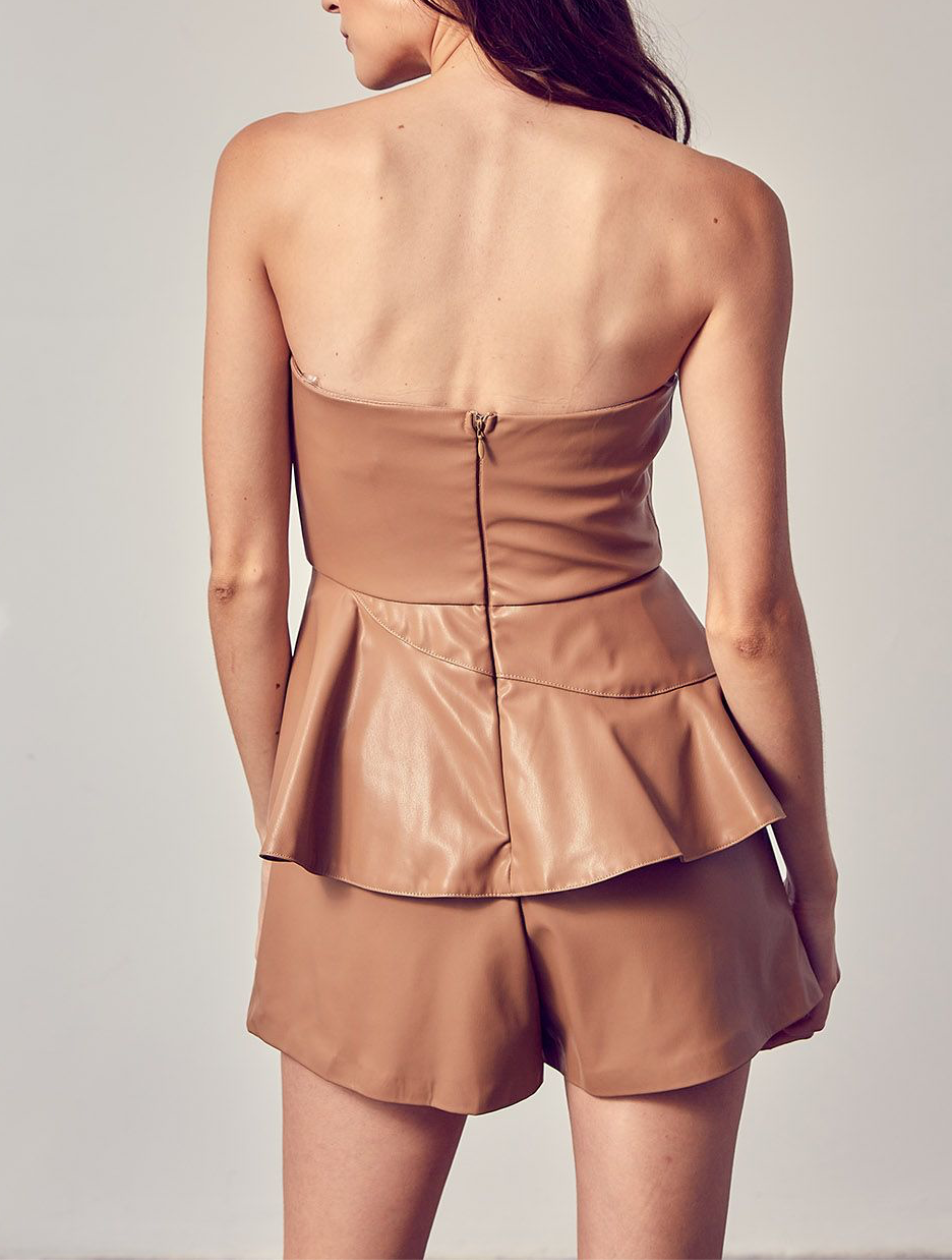 STRAPLESS RUFFLE LEATHER ROMPER