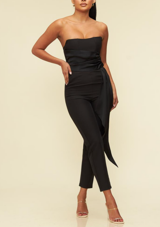 BLACK SATIN STRAPLESS JUMPSUIT