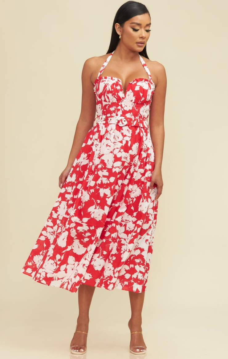 RED FLORAL MIDI DRESS