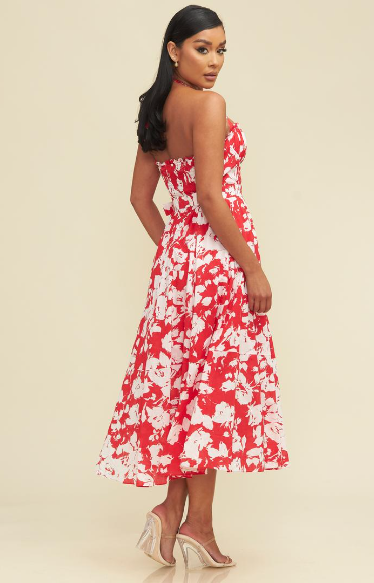 RED FLORAL MIDI DRESS