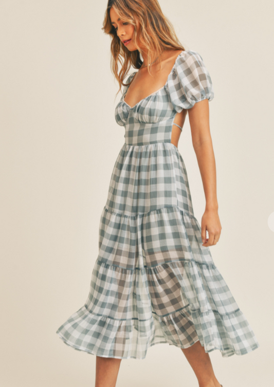 PLAID DUSTY BLUE MIDI DRESS