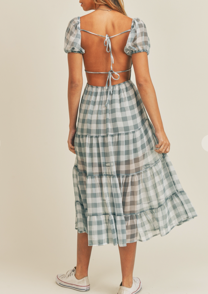 PLAID DUSTY BLUE MIDI DRESS