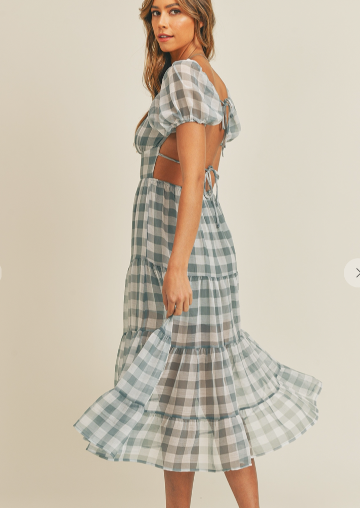 PLAID DUSTY BLUE MIDI DRESS
