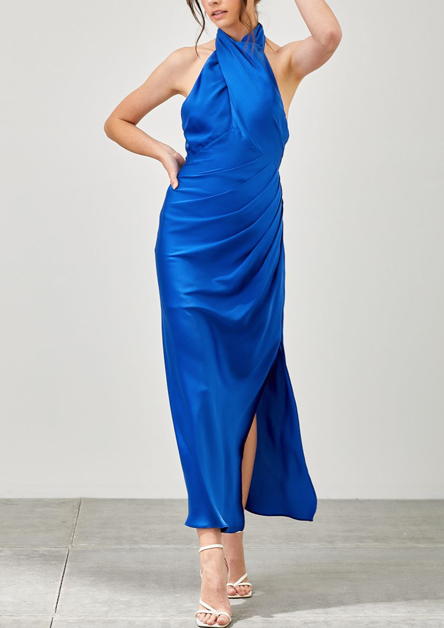 ROYAL BLUE HALTER SLIT DRESS