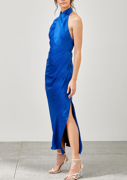 ROYAL BLUE HALTER SLIT DRESS