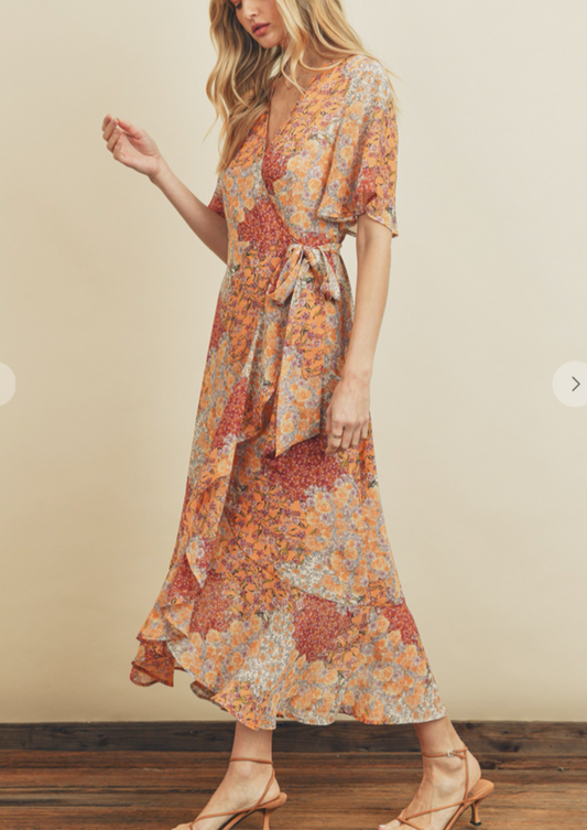 FLOWER HAZE WRAP MIDI DRESS