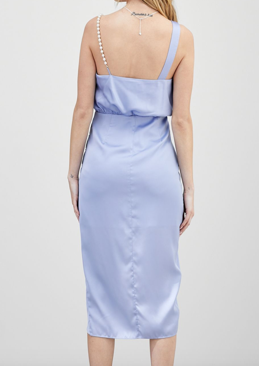 PALE BLUE PEARL STRAP MIDI DRESS