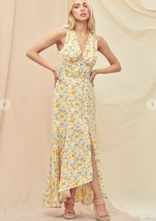 YELLOW FLORAL MIDI DRESS