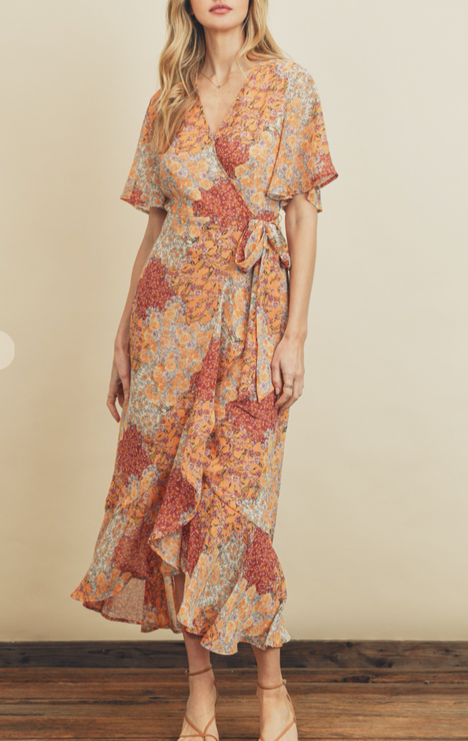 FLOWER HAZE WRAP MIDI DRESS