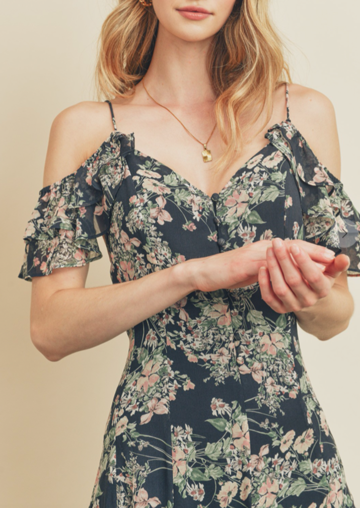 NAVY BLOOM RUFFLE DRESS