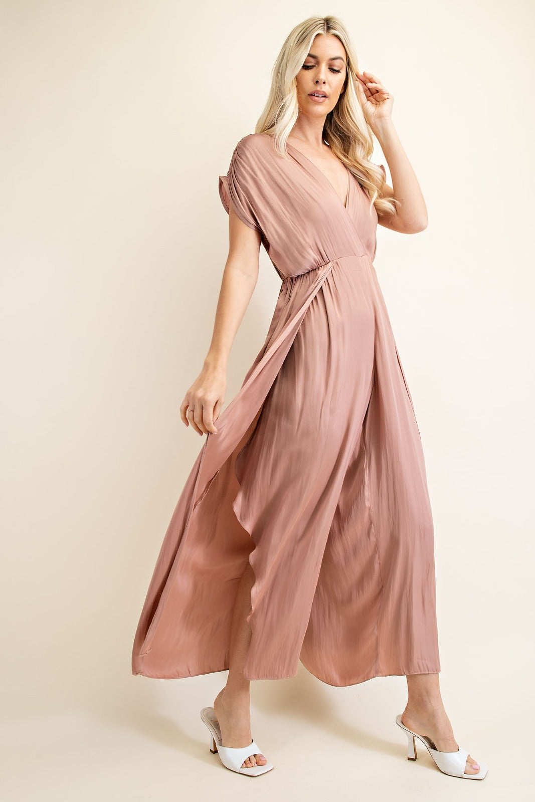 TAUPE SILK WIDE LEG JUMPSUIT