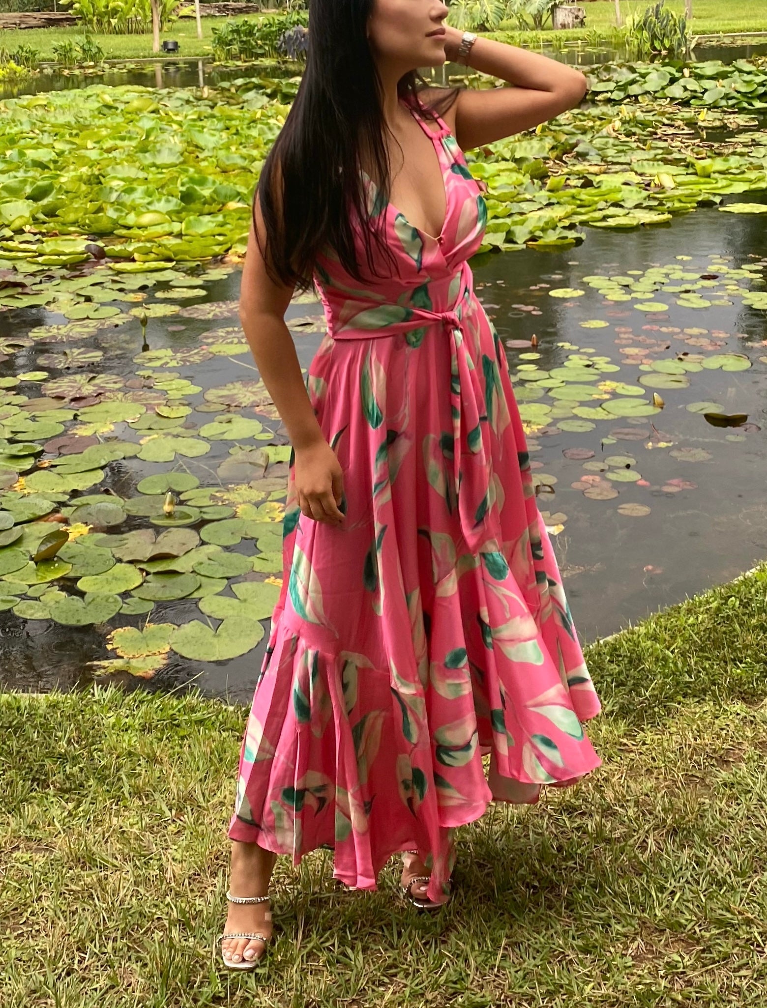 PINK SATIN FLOWY DRESS