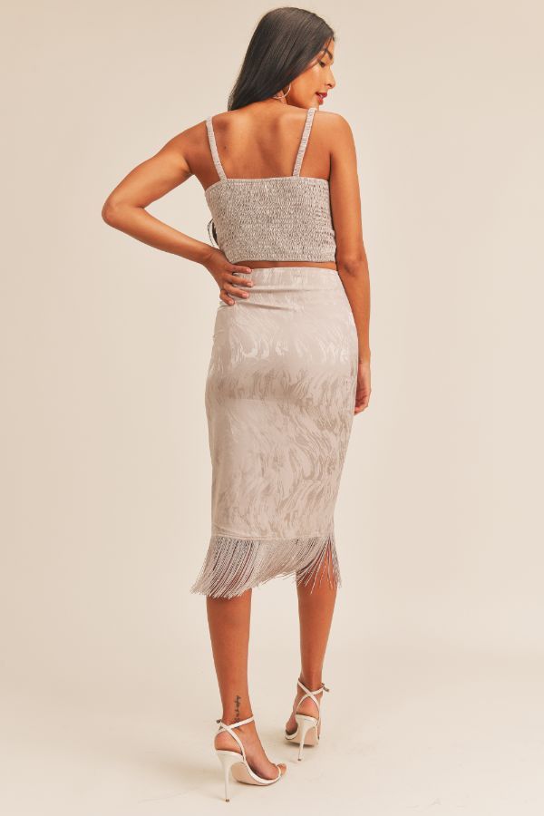 NUDE CROP TOP FRINGE SKIRT SET