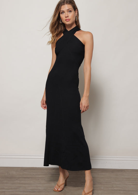 BLACK HALTER MIDI DRESS